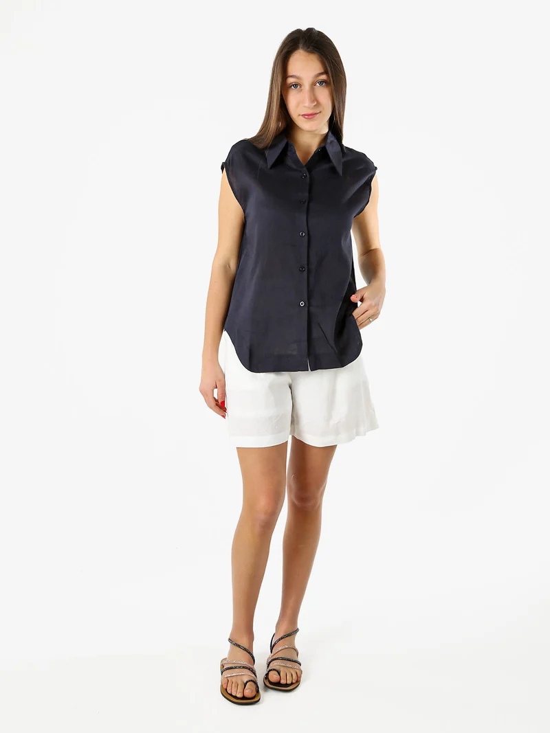 Shorts donna a vita alta in misto lino - bianco