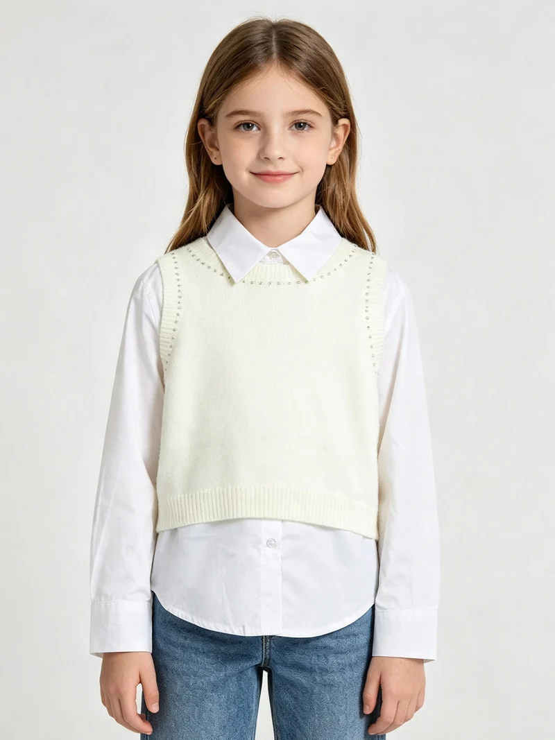 Gilet da bambina in maglia con camicia a maniche lunghe - panna