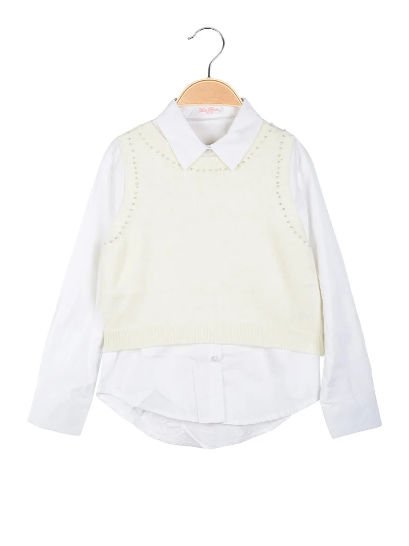 Gilet da bambina in maglia con camicia a maniche lunghe - panna