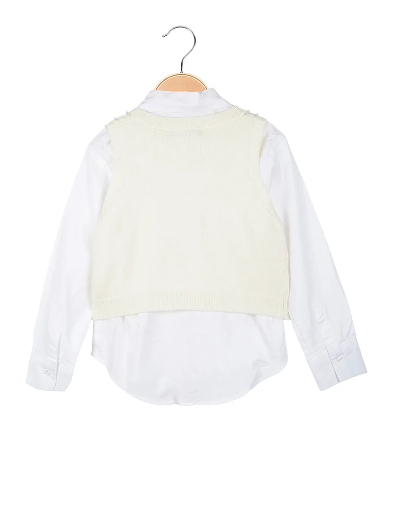 Gilet da bambina in maglia con camicia a maniche lunghe - panna