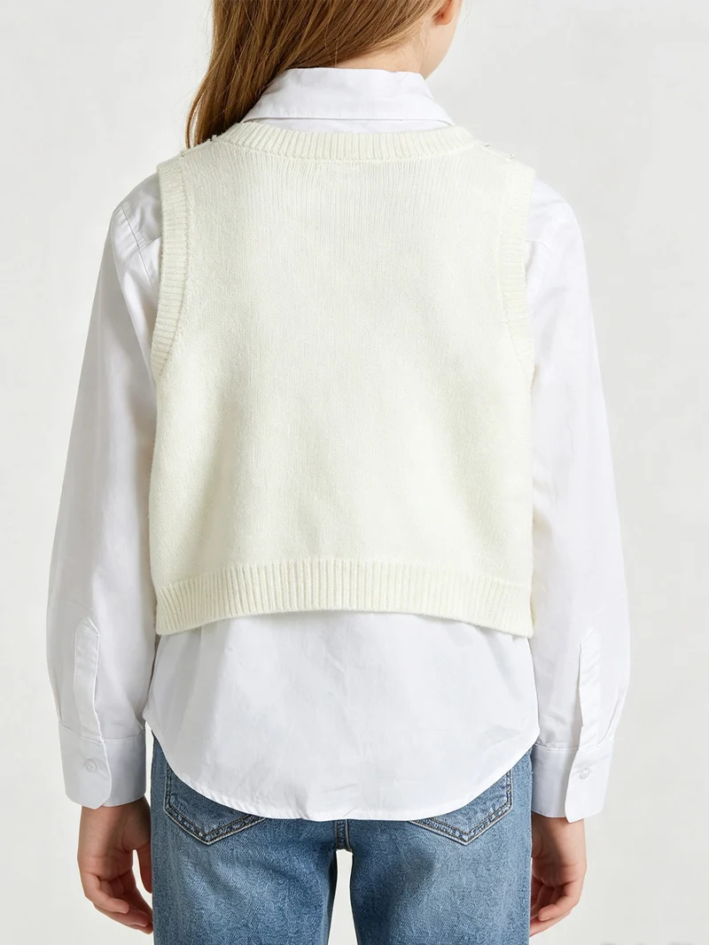Gilet da bambina in maglia con camicia a maniche lunghe - panna