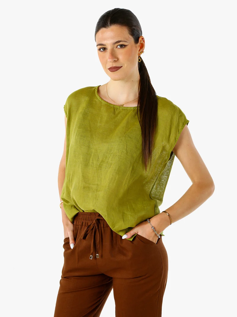 Blusa donna in lino senza maniche - verde