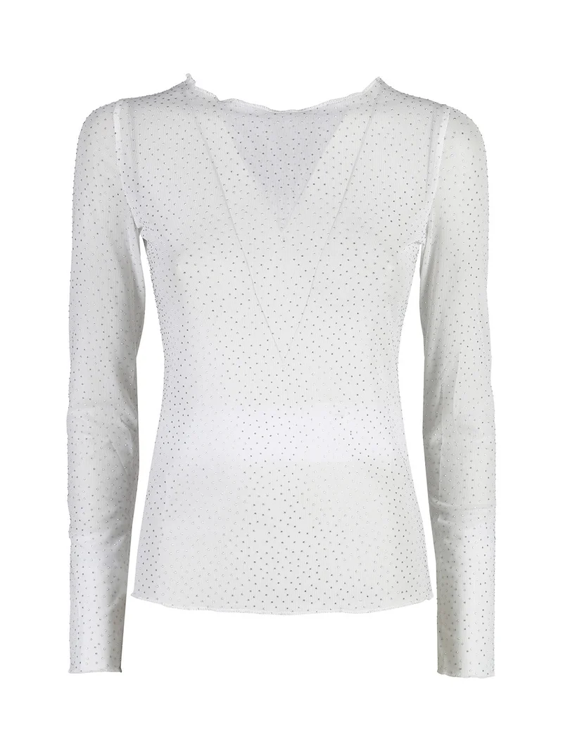 Maglia girocollo da donna in microrete con borchie - bianco