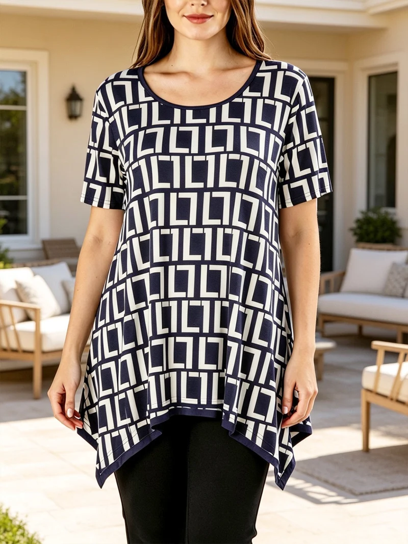Maxi blusa da donna a maniche corte con stampa greca - blu