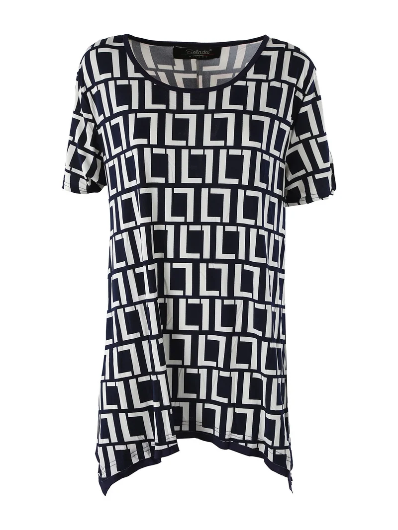 Maxi blusa da donna a maniche corte con stampa greca - blu