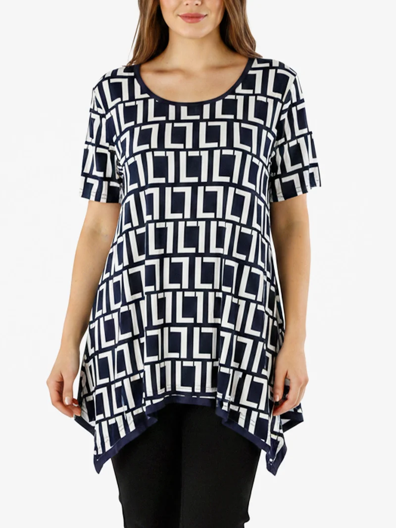 Maxi blusa da donna a maniche corte con stampa greca - blu