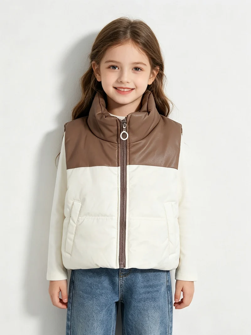 Gilet da ragazza in ecopelle con zip - panna