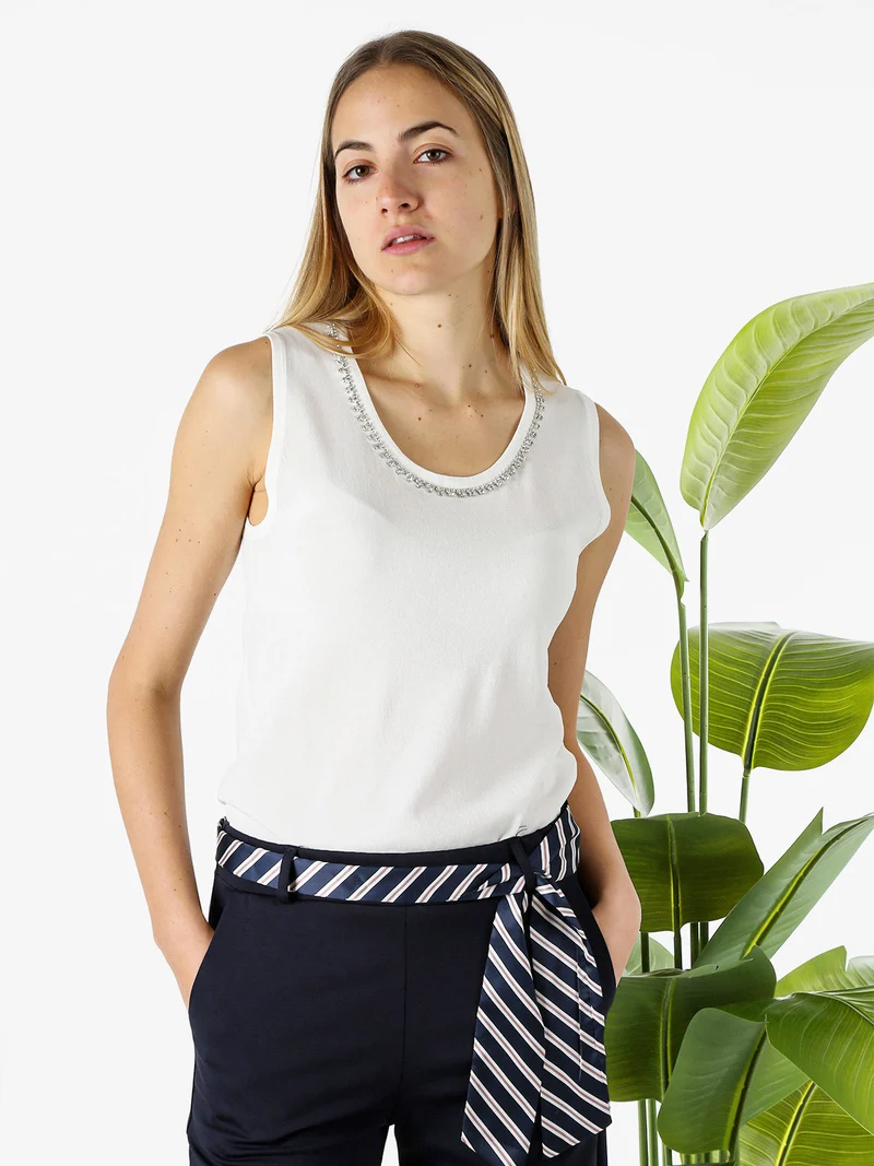Top donna in maglia con applicazioni di strass - bianco