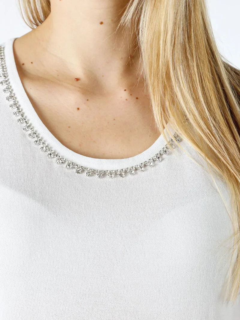 Top donna in maglia con applicazioni di strass - bianco