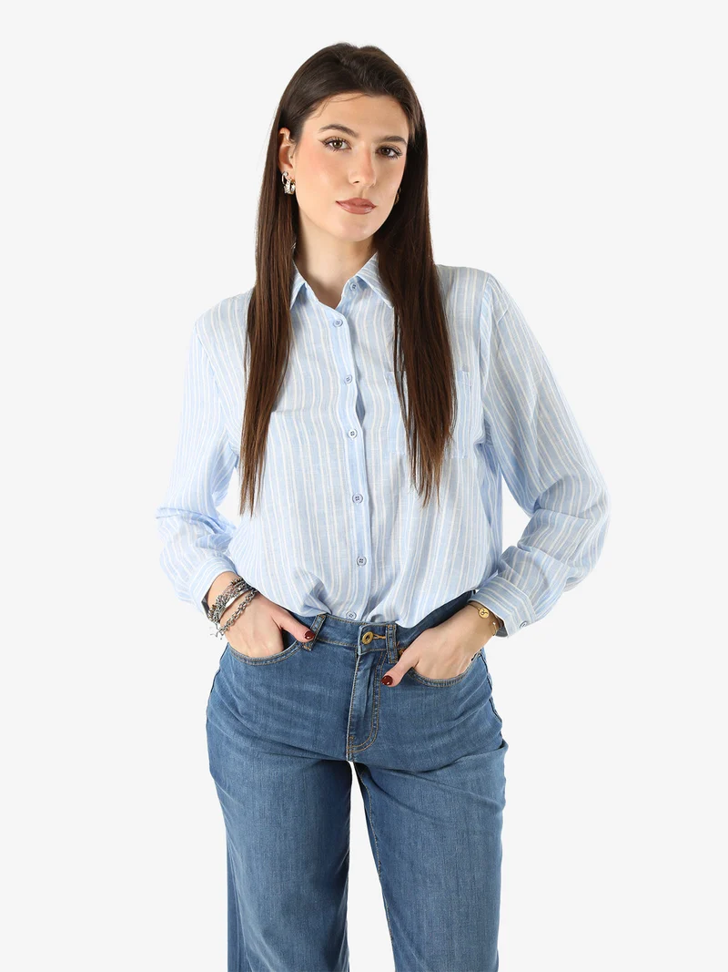 Camicia donna rigata a maniche lunghe oversize - azzurro