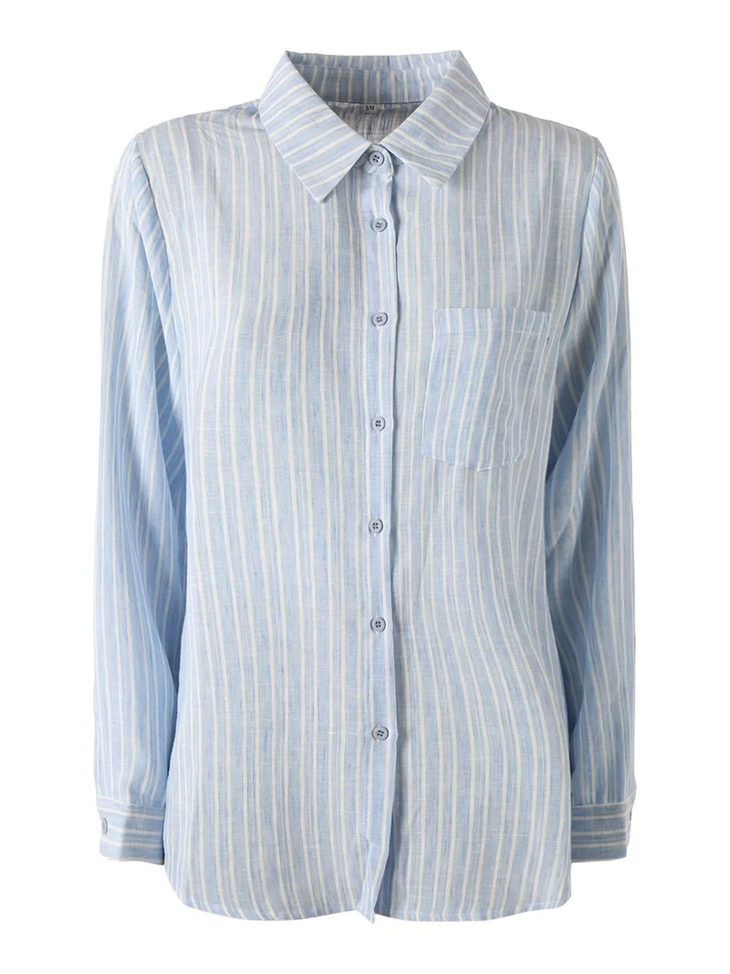 Camicia donna rigata a maniche lunghe oversize - azzurro