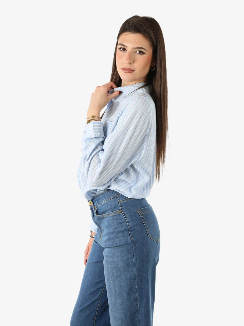 Camicia donna rigata a maniche lunghe oversize - azzurro