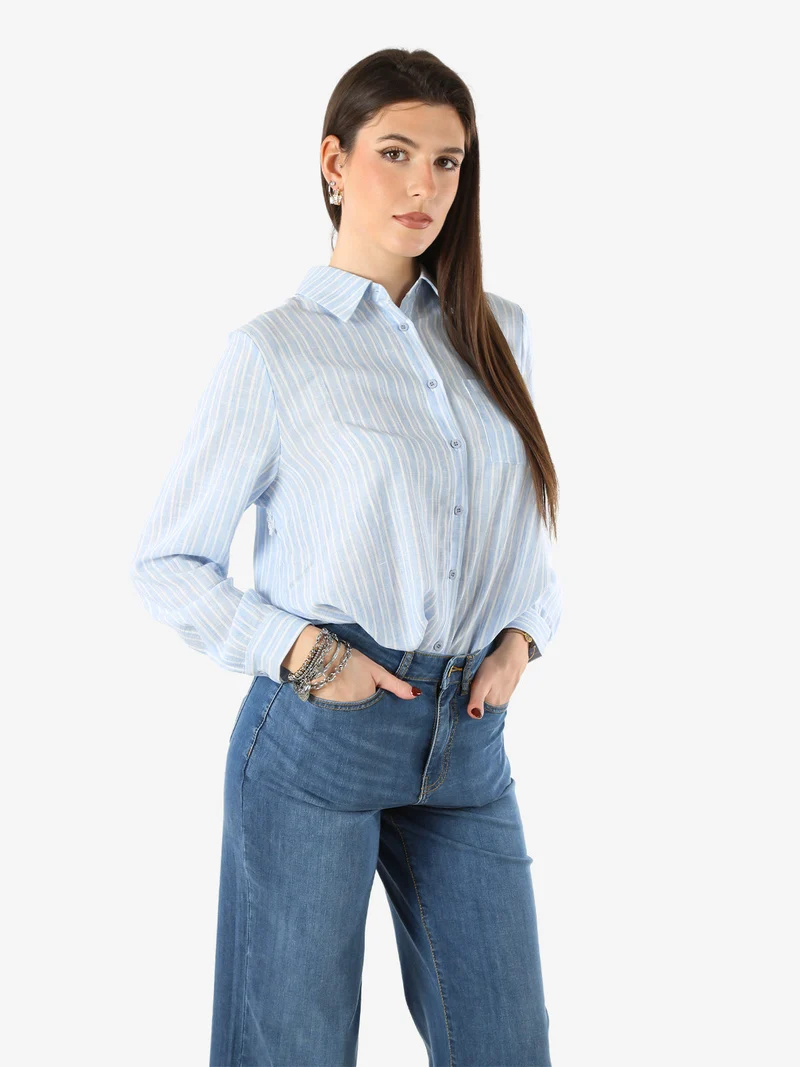 Camicia donna rigata a maniche lunghe oversize - azzurro
