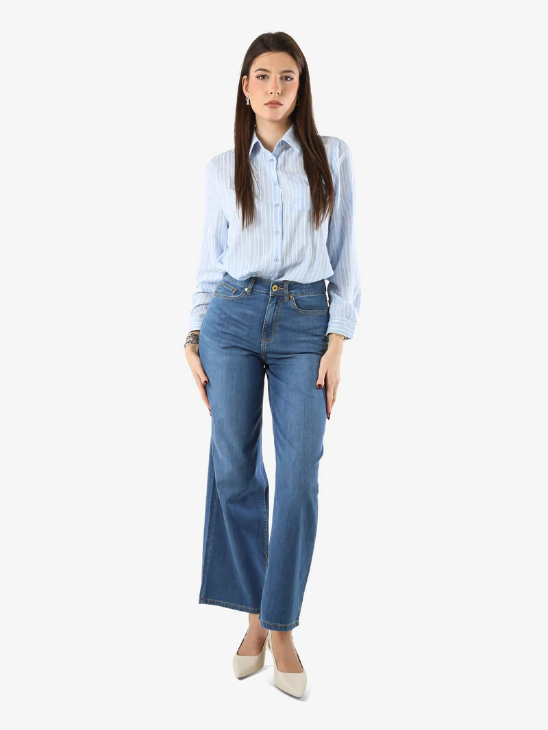 Camicia donna rigata a maniche lunghe oversize - azzurro