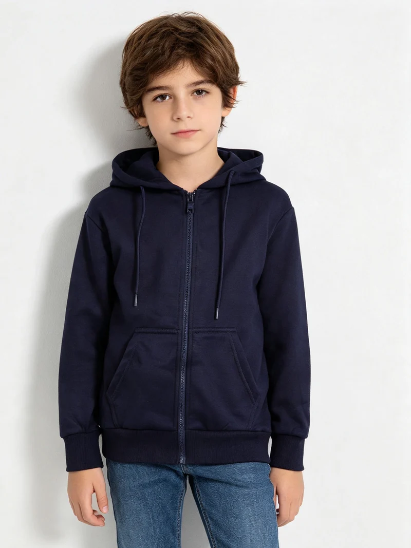 Felpa da ragazzi full zip con cappuccio e interno felpato - blu scuro