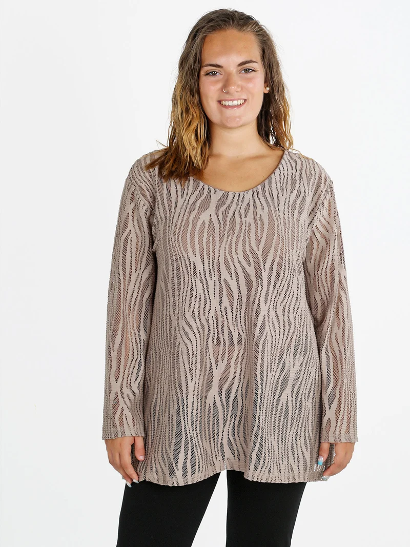 Blusa donna ricamata a maniche lunghe - cammello