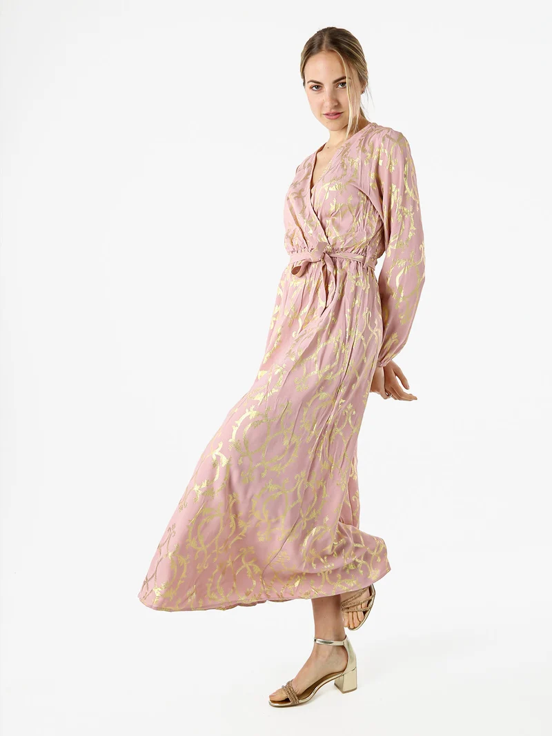 Abito lungo da donna a maniche lunghe con stampe e scollo a V - rosa
