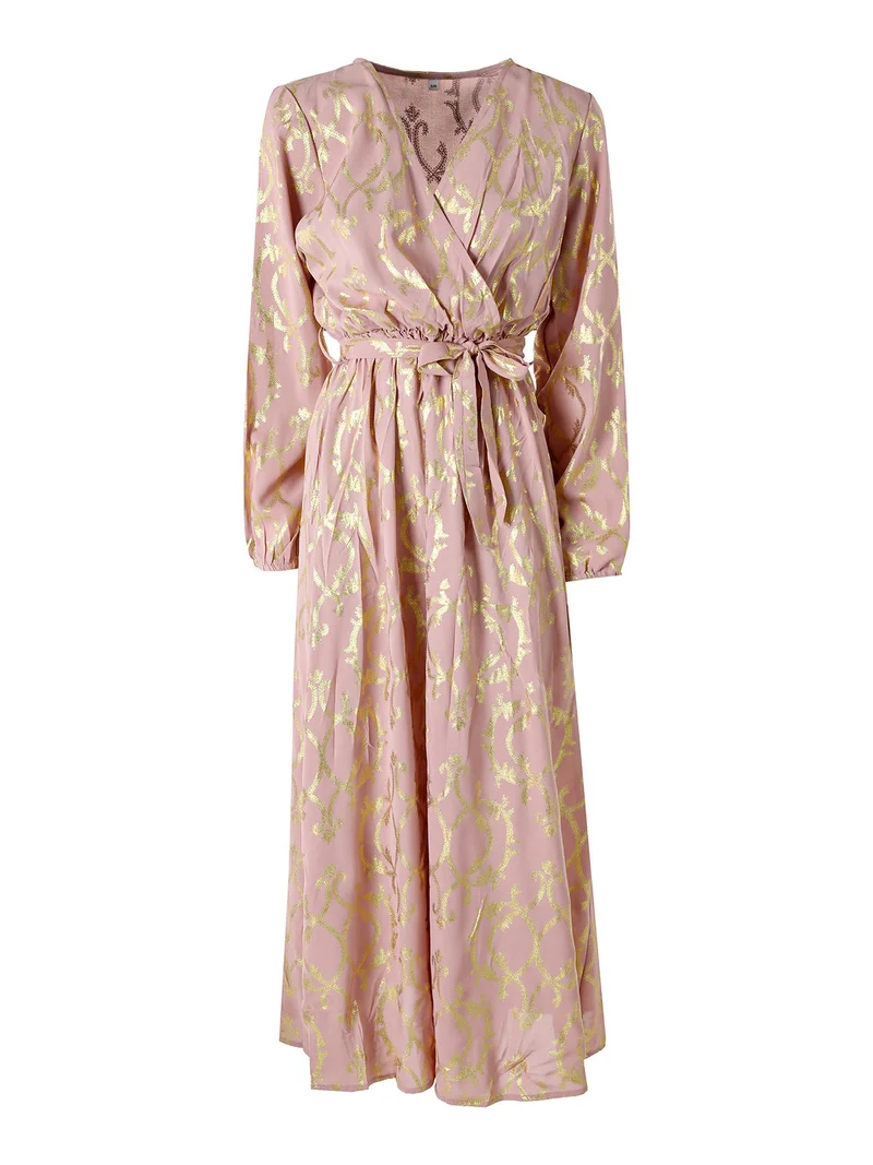 Abito lungo da donna a maniche lunghe con stampe e scollo a V - rosa