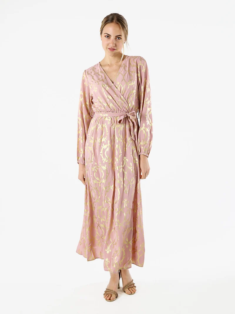 Abito lungo da donna a maniche lunghe con stampe e scollo a V - rosa