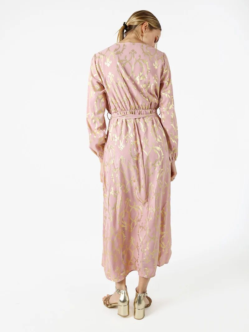 Abito lungo da donna a maniche lunghe con stampe e scollo a V - rosa