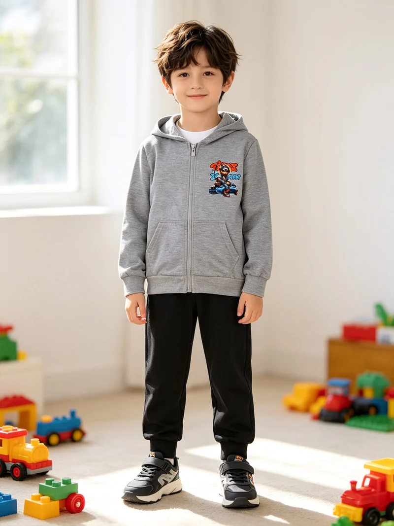 Completo tuta da bambino con cappuccio e zip e stampa davanti e dietro - grigio