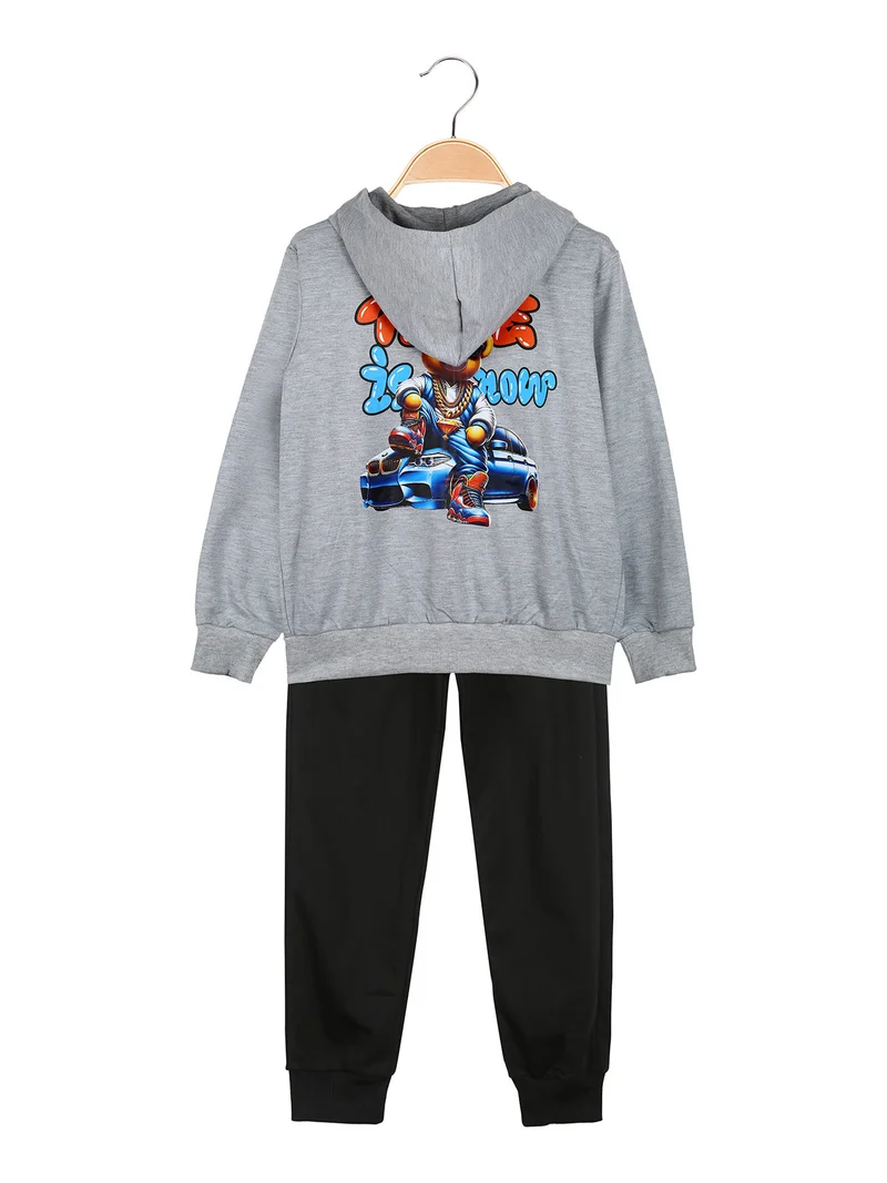 Completo tuta da bambino con cappuccio e zip e stampa davanti e dietro - grigio
