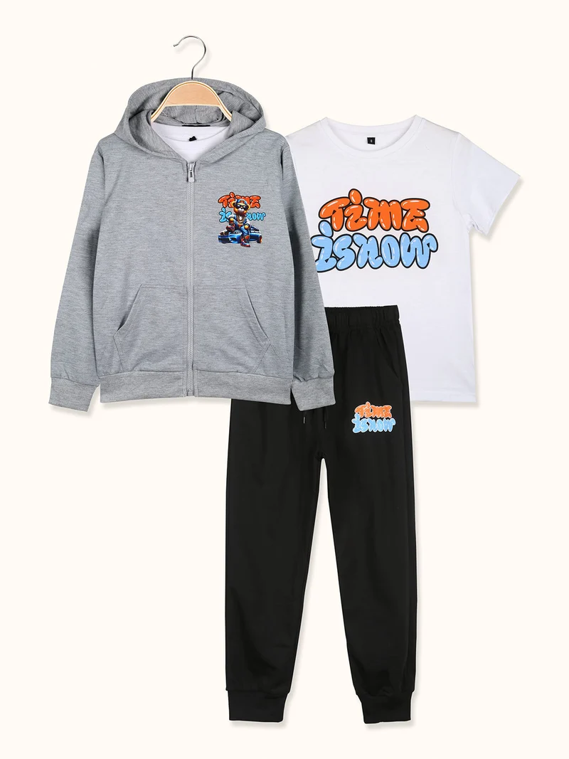 Completo tuta da bambino con cappuccio e zip e stampa davanti e dietro - grigio