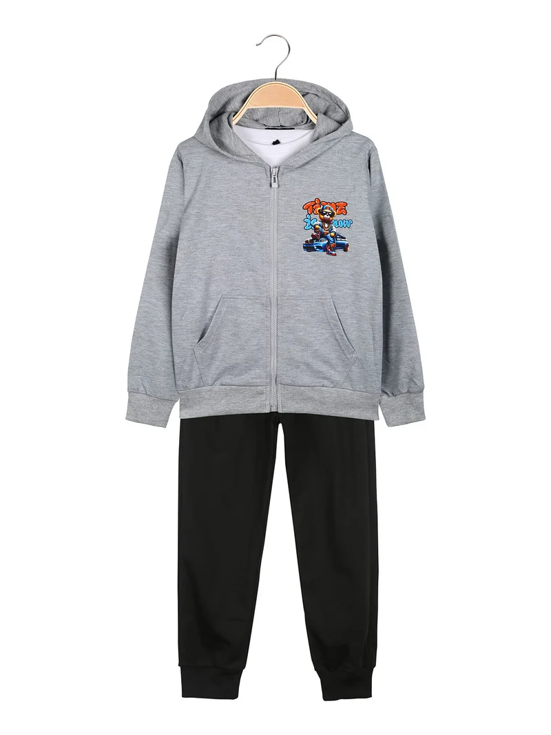 Completo tuta da bambino con cappuccio e zip e stampa davanti e dietro - grigio