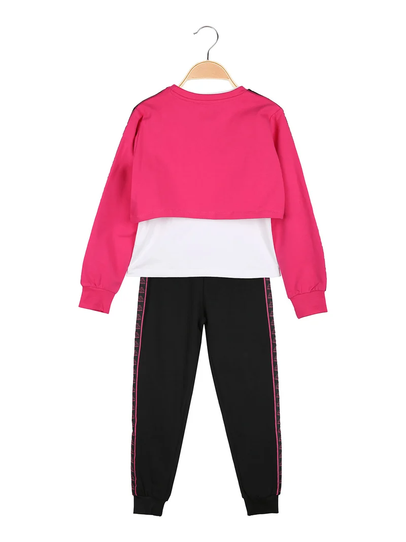 Completo da bambina 3 pezzi con felpa cropped e top con logo - fucsia