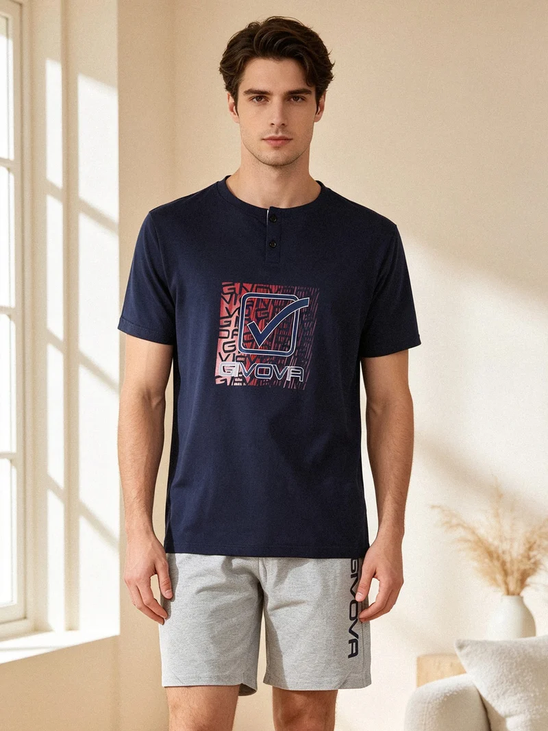 Pigiama corto da uomo in misto cotone con logo - blu scuro