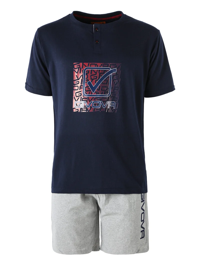 Pigiama corto da uomo in misto cotone con logo - blu scuro