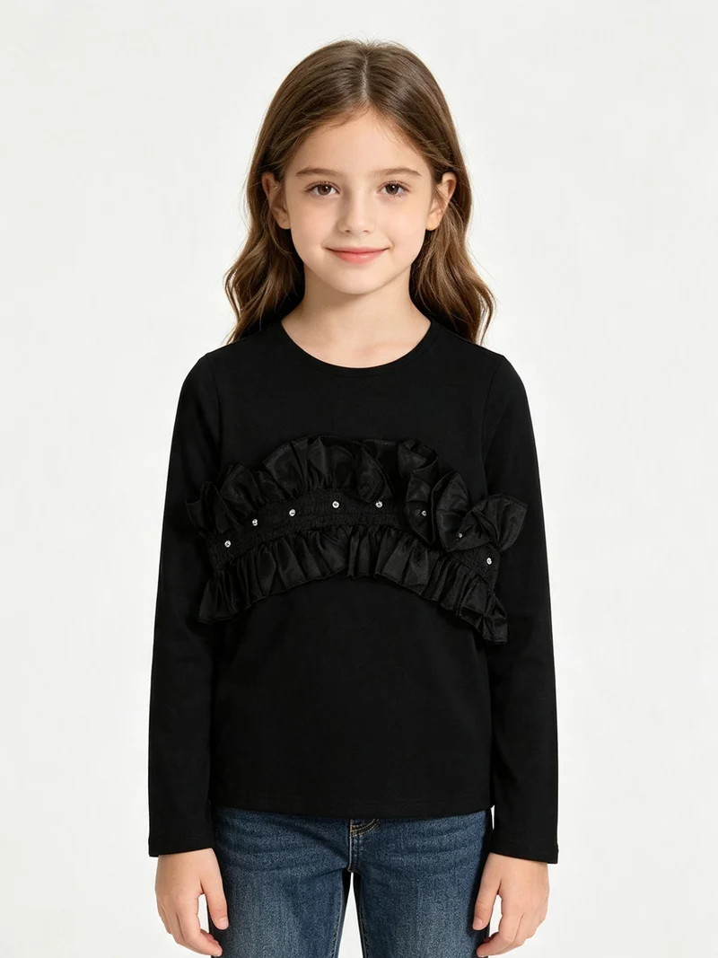 T-shirt da bambina a maniche lunghe con tulle e strass - nero