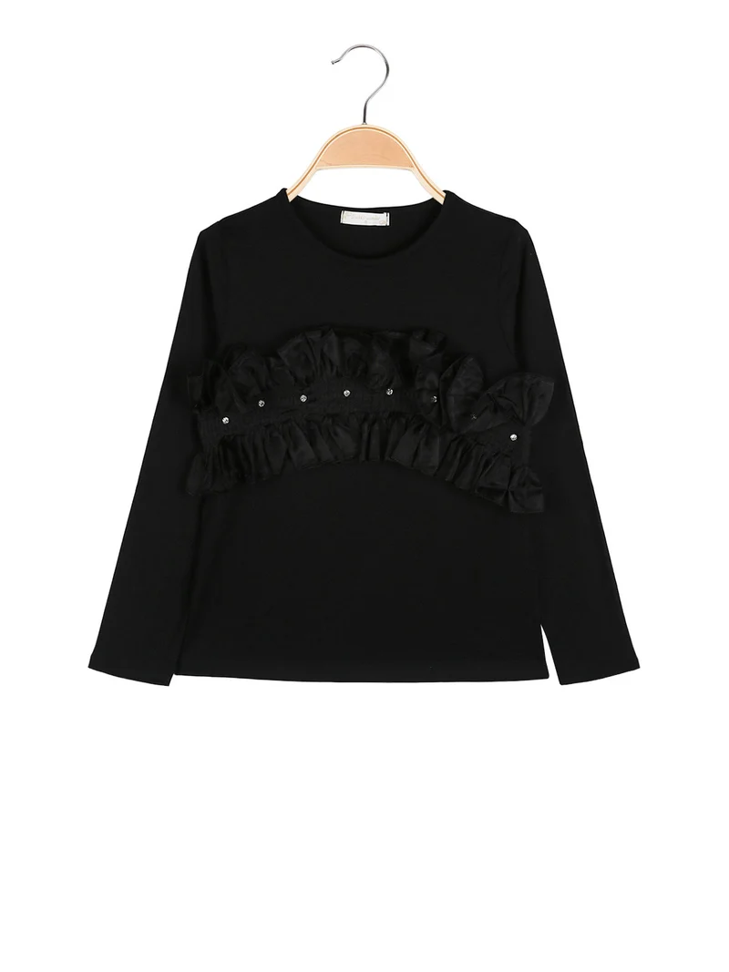 T-shirt da bambina a maniche lunghe con tulle e strass - nero