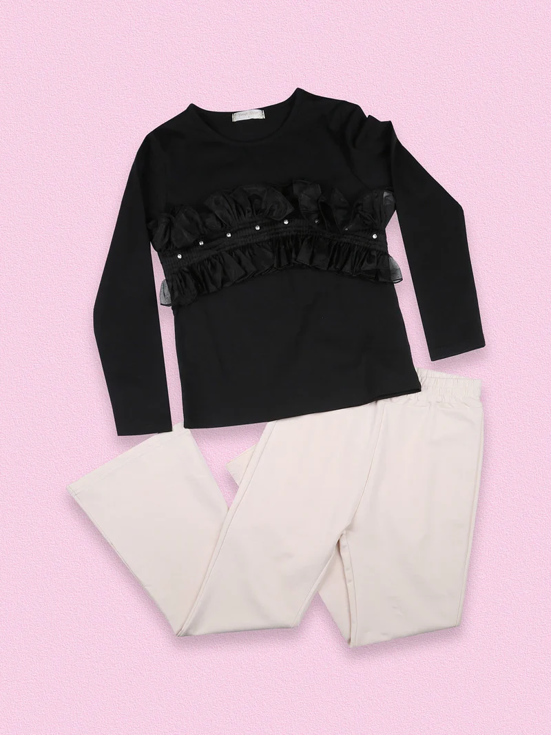 T-shirt da bambina a maniche lunghe con tulle e strass - nero