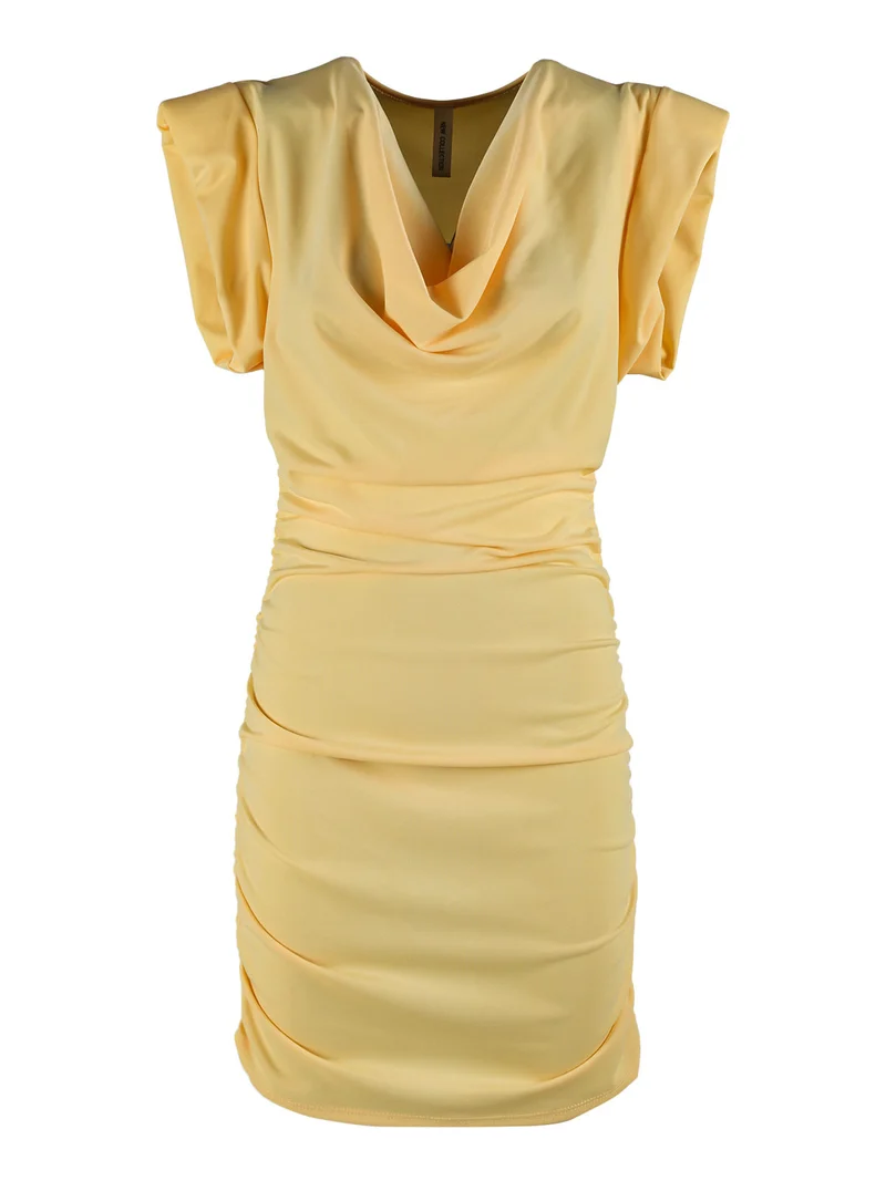 Vestito drappeggiato da donna a maniche corte con spalle imbottite - giallo