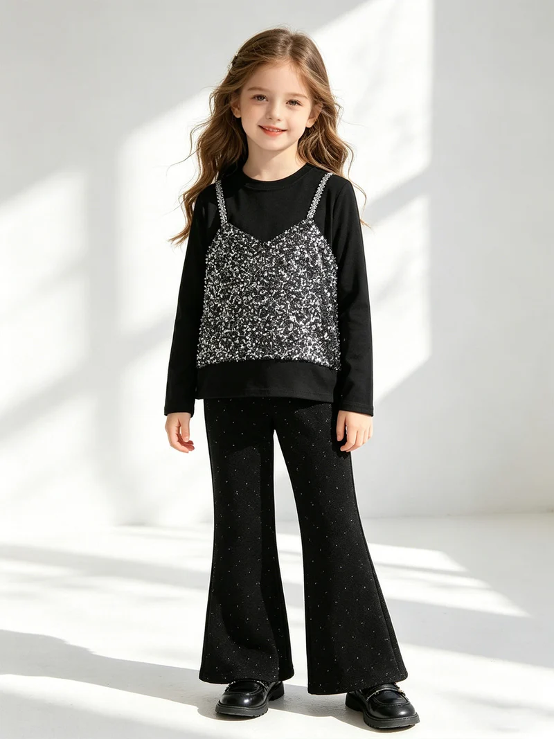Completo elegante da bambina con paillettes e pantaloni a zampa - nero