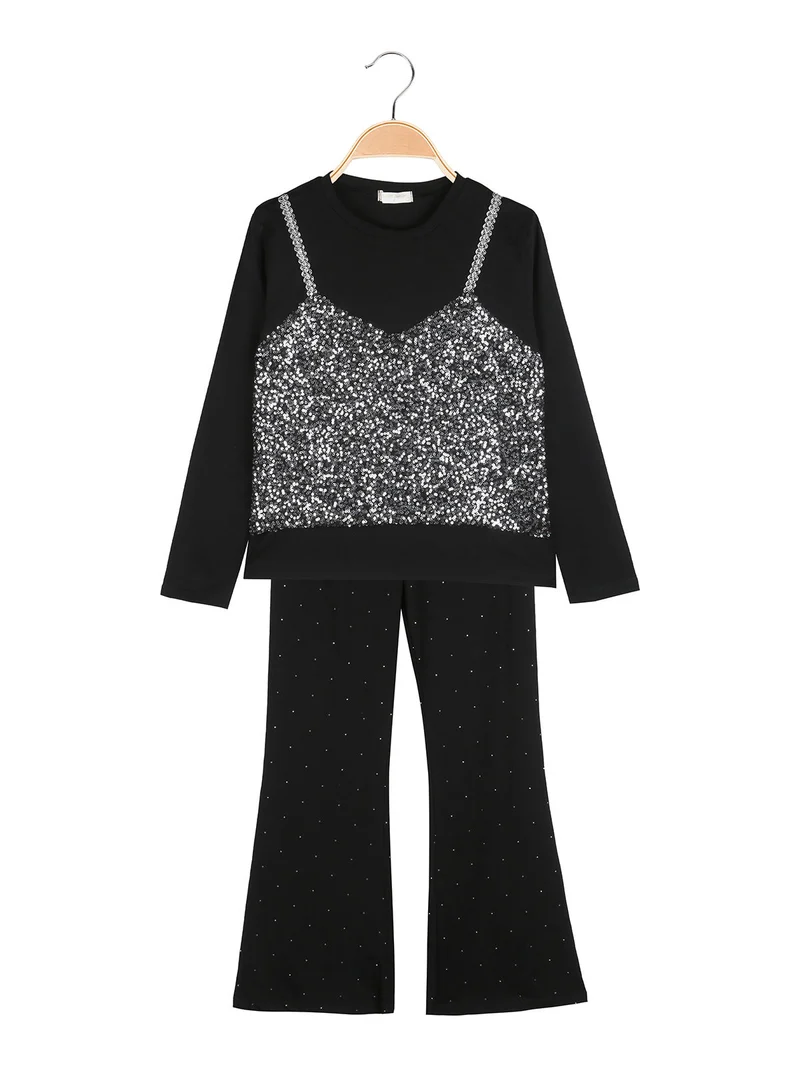 Completo elegante da bambina con paillettes e pantaloni a zampa - nero