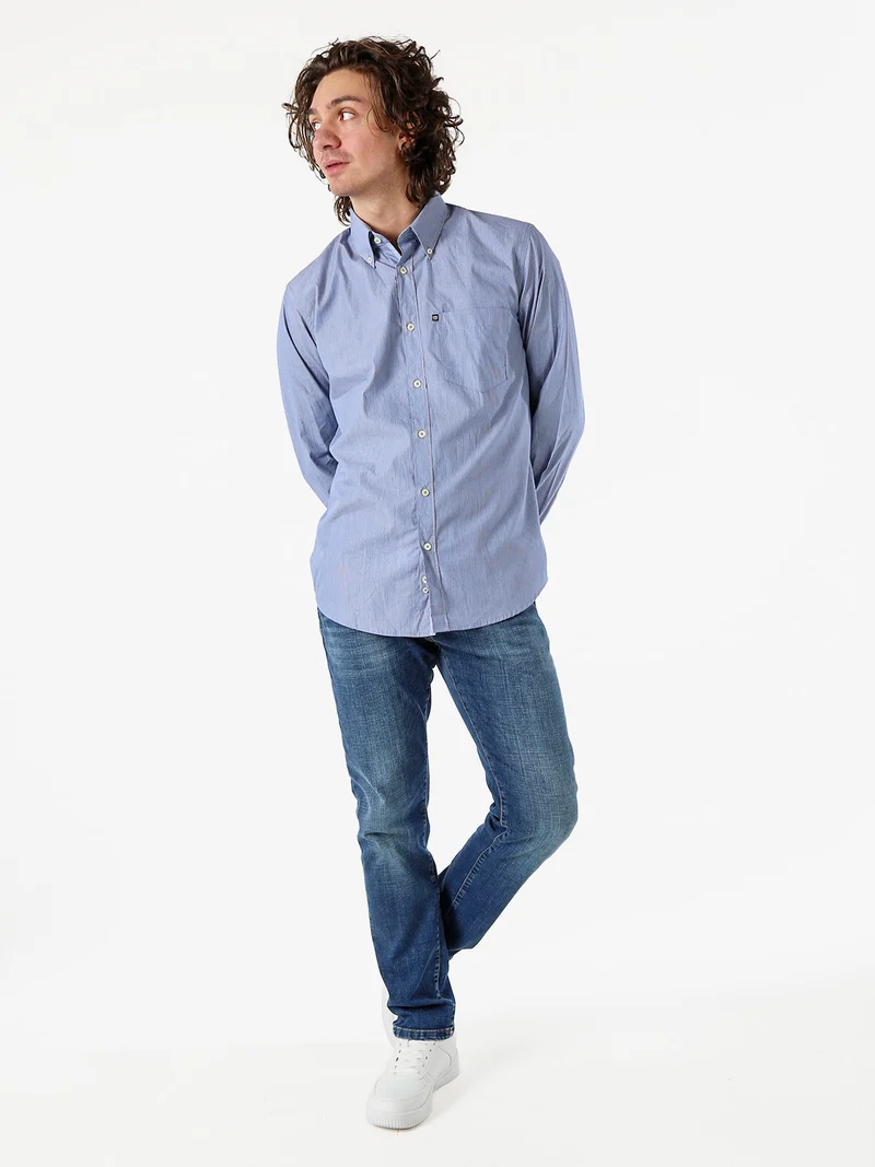 Camicia da uomo rigata in cotone a maniche lunghe - blu