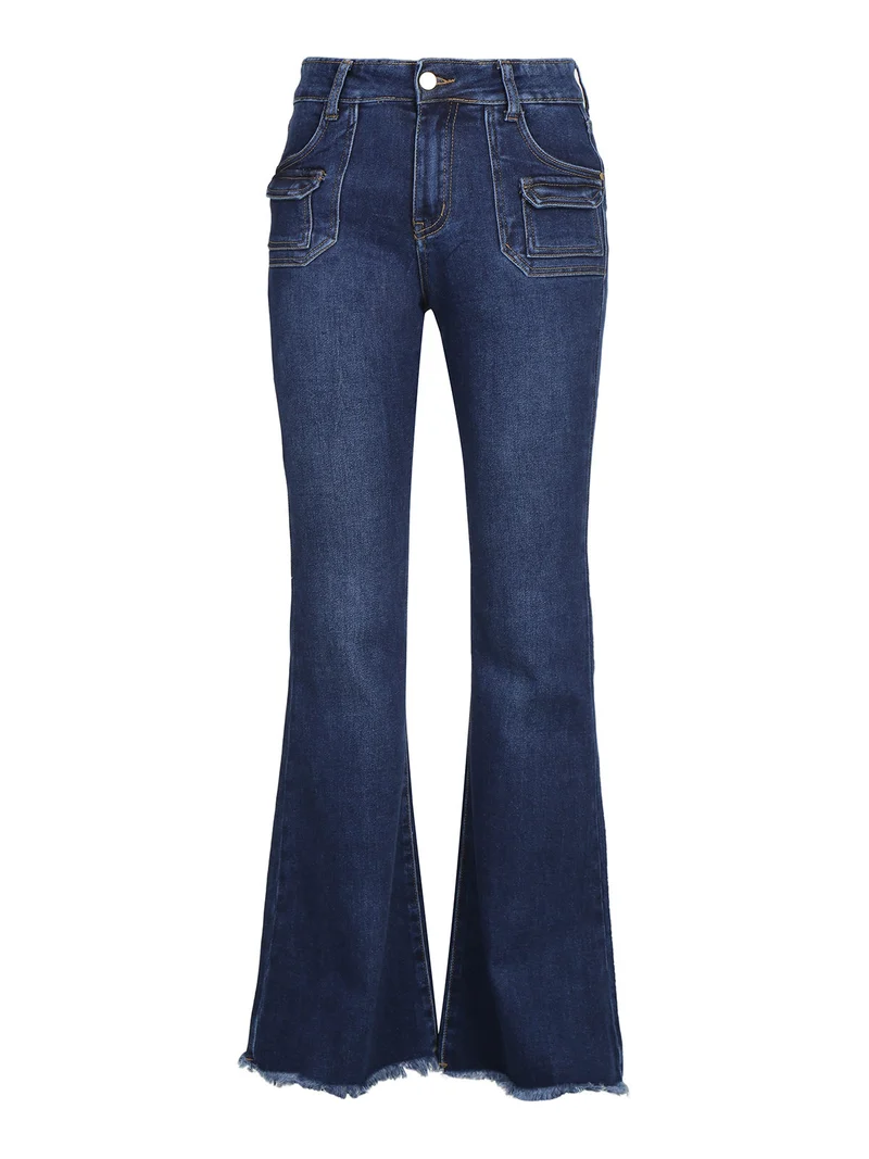 Jeans donna con tasche in vita e finale a zampa sfrangiato - jeans