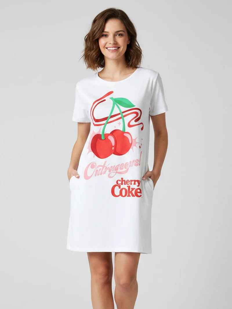 Cherry-Coke maxi t-shirt donna in cotone a maniche corte con stampa disegno - bianco