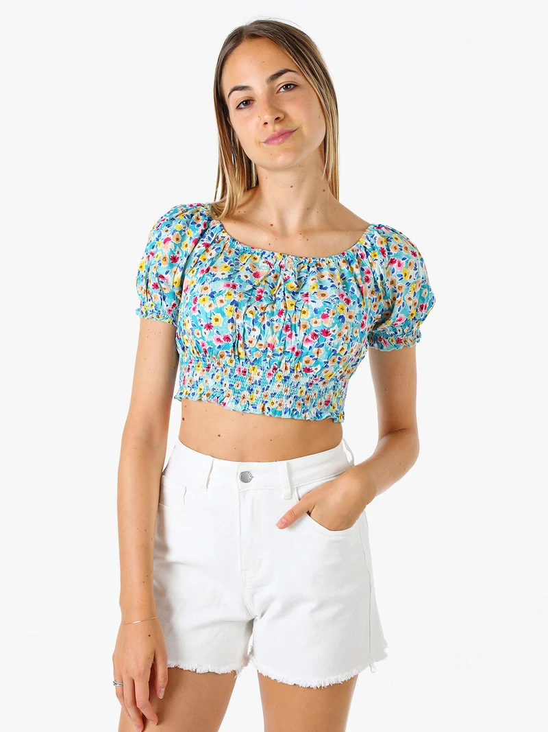 Top donna floreale a maniche corte con scollo elasticizzato - blu
