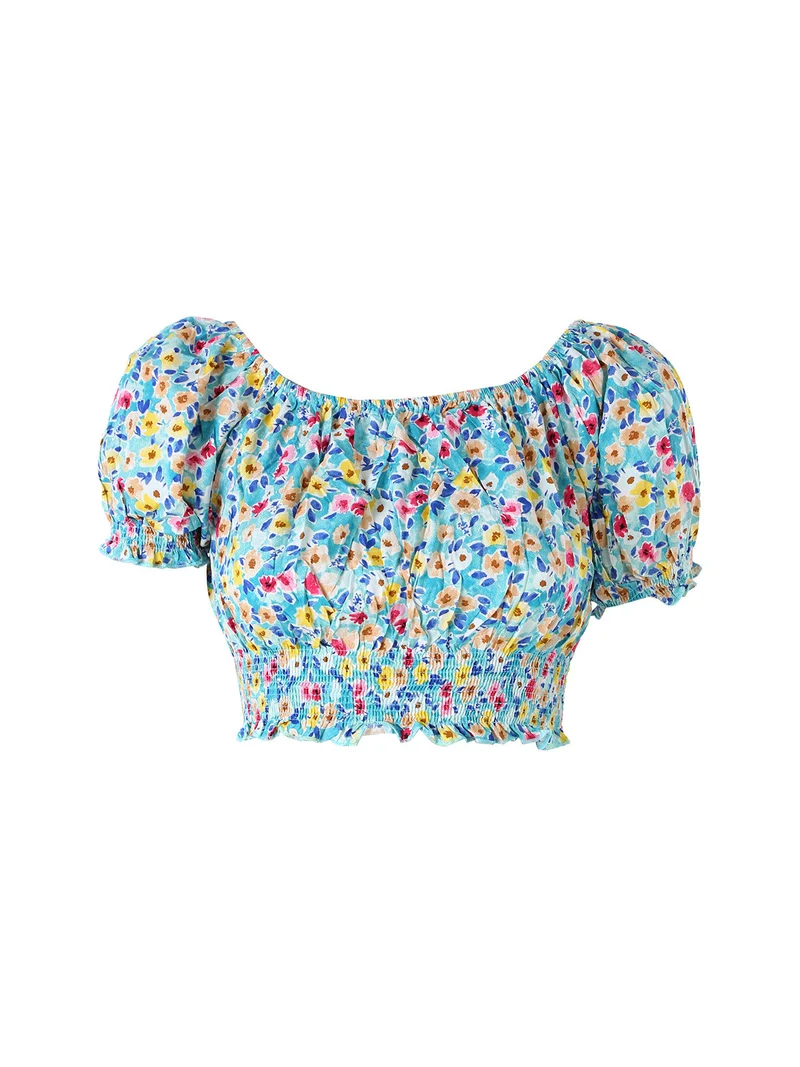 Top donna floreale a maniche corte con scollo elasticizzato - blu