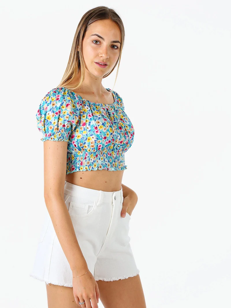 Top donna floreale a maniche corte con scollo elasticizzato - blu