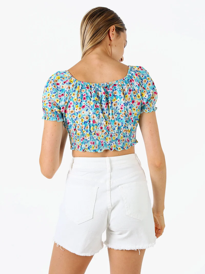 Top donna floreale a maniche corte con scollo elasticizzato - blu