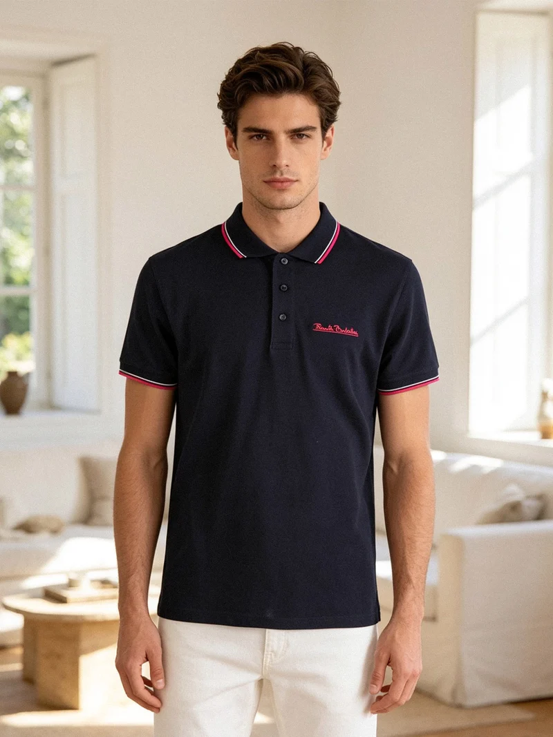 Polo da uomo a maniche corte in cotone - blu scuro