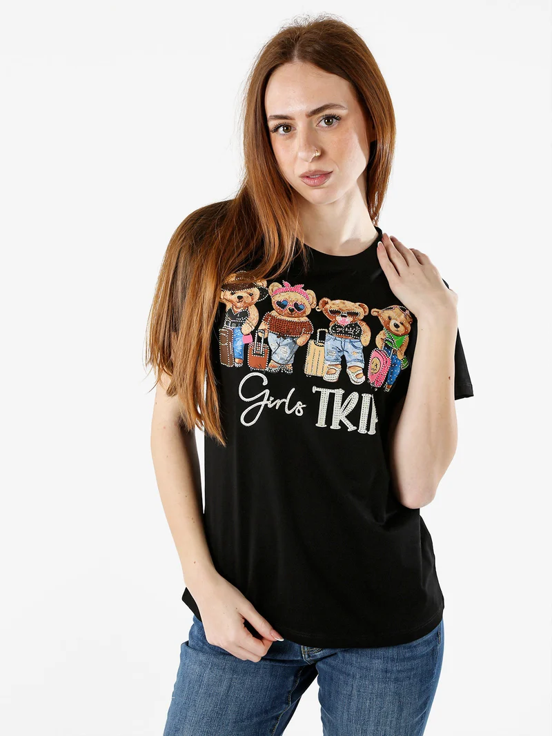 T-shirt donna in cotone con stampa orsacchiotti e strass - nero