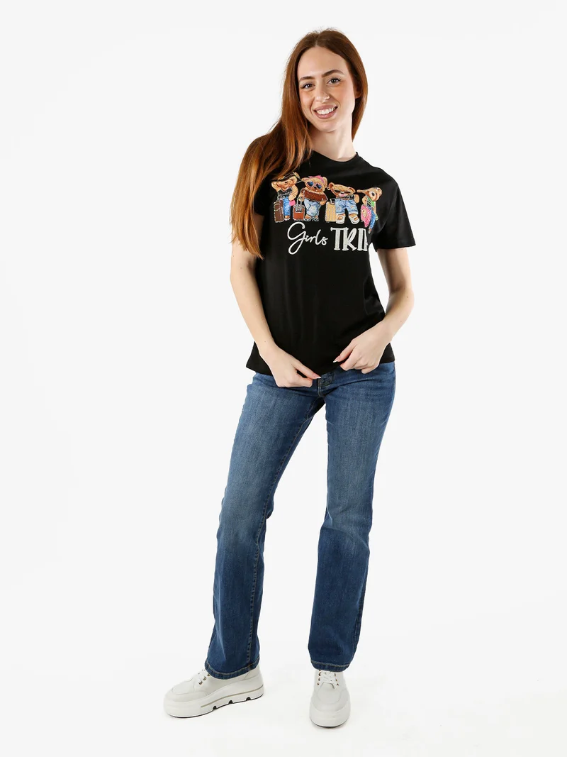 T-shirt donna in cotone con stampa orsacchiotti e strass - nero