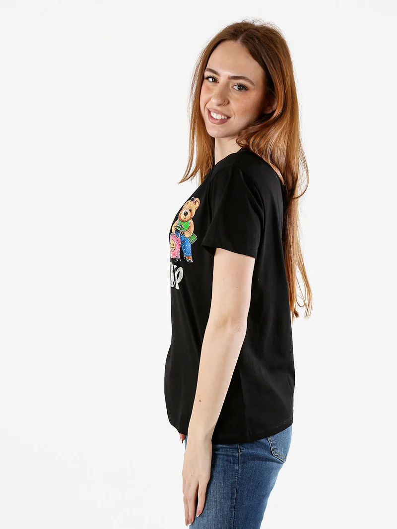 T-shirt donna in cotone con stampa orsacchiotti e strass - nero