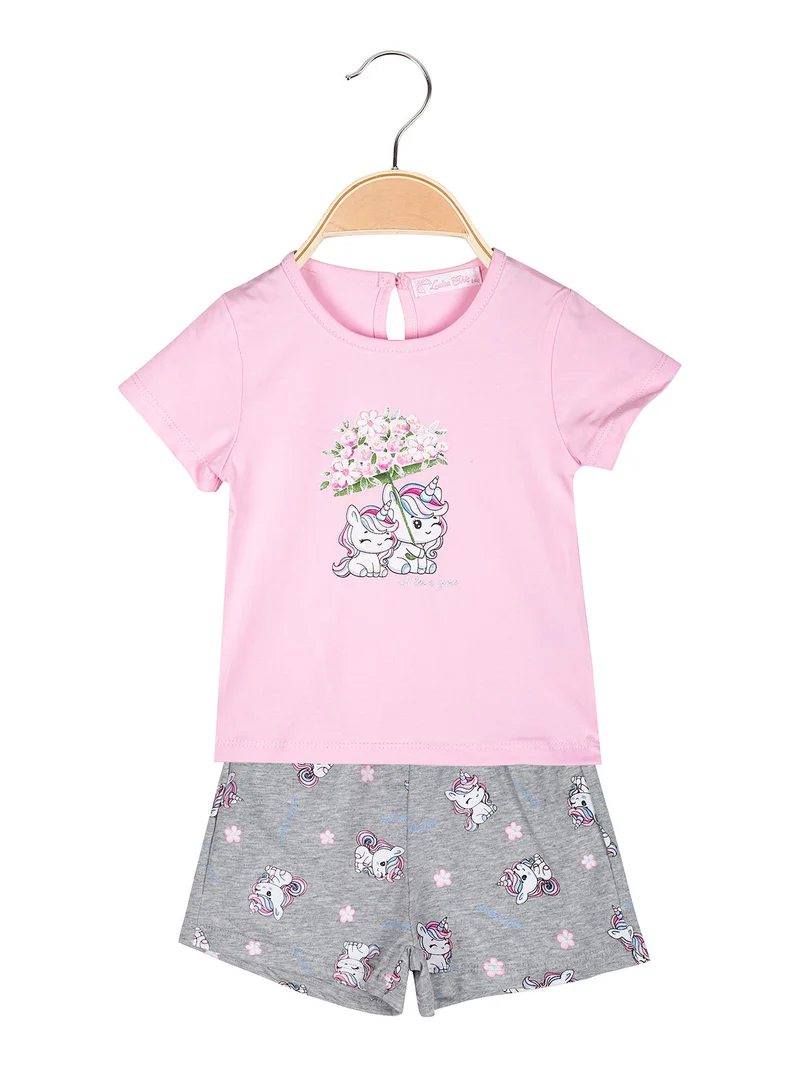 Completo corto da neonata unicorno con t-shirt e shorts - rosa