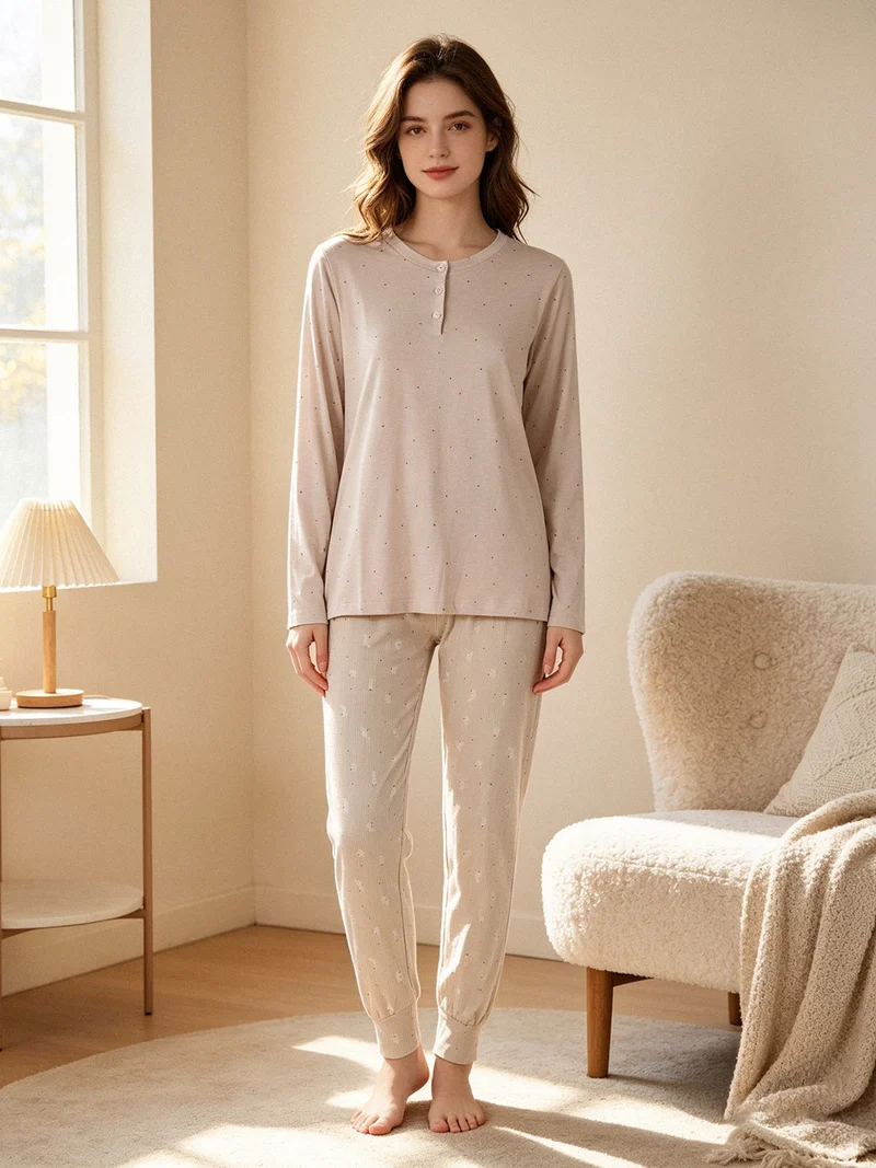 BUNNY Pigiama lungo da donna in cotone - fango